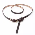 Slim dark brown leather waist belt for women with elegant matte gold double ring buckle - Coffee