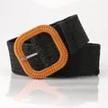 Women's black woven elastic wide belt with a rustic square buckle and wood grain detail - Oval Buckle / Black