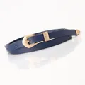 Slim navy blue PU leather belt with ornate golden engraved buckle and metal tip - Navy Blue