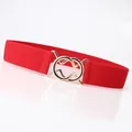 Red elastic waist belt for women with elegant golden interlocking circle metal buckle - Red