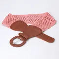 Women's pink crochet elastic waist belt with brown faux leather and silver pin buckle - 7.5x80cm / Pink