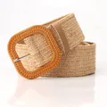 Women's beige elastic woven belt with large wood-grain square buckle for dresses - Oval Buckle / Khaki