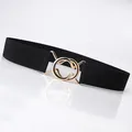 Black elastic waist belt with interlocking gold double ring buckle for women dresses - Black