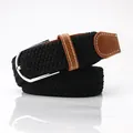 Black elastic woven belt with silver buckle and brown leather details for men - Black