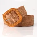 Women's light brown straw weave elastic belt with a large square wooden buckle - Oval Buckle / Camel