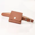 Brown faux leather belt bag for women with silver buckle and removable square pouch - Camel