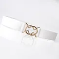 White elastic waist belt for women with interlocking gold metal buckle circles - White