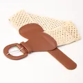 Women's bohemian wide waist belt in brown faux leather with cream crochet and oval buckle - 7.5x80cm / Camel