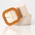 Women's beige straw elastic belt with square wooden buckle and wavy weave pattern - Oval Buckle / Khaki White