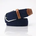 Navy blue elastic woven canvas belt with silver pin buckle and brown leather trim - Sapphire Blue