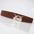 Brown elastic waist belt for women with elegant golden double ring metal buckle - Coffee
