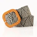Women's black and white woven elastic belt with square wood-textured buckle - Oval Buckle / Khaki Black