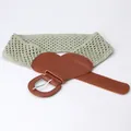 Women's wide bohemian belt in light green crochet fabric with a brown faux leather buckle - 7.5x80cm / Light Green