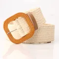 Women's beige straw-style elastic woven belt with large square wood-grain buckle - Oval Buckle / Beige