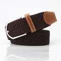 Dark brown stretch woven belt with silver metal buckle and brown leather details - Dark Coffee