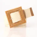 Beige elastic woven belt with large square faux wood buckle and bohemian style - Square Buckle / Beige