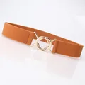 Elastic waist belt for women with camel orange woven strap and gold interlocking rings - Camel