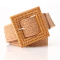 Bohemian beige woven elastic belt featuring a large amber resin square buckle - Square Buckle / Camel