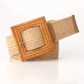 Women's beige woven elastic waist belt with large square faux wood buckle accent - Square Buckle / Khaki