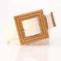 Women's woven elastic belt with square wooden buckle in beige and brown pattern - Square Buckle / Khaki White