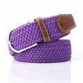 Purple elastic braided canvas belt with brown leather trim and silver metal buckle - Purple