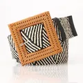 Women's wide elastic woven belt featuring black and white chevron pattern with square buckle - Square Buckle / Khaki Black