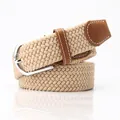 Elastic woven canvas belt in beige with brown leather trim and silver needle buckle - Khaki