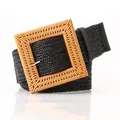 Women's black woven stretch belt featuring a large textured square buckle for dresses - Square Buckle / Black