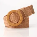 Khaki woven bohemian waist belt with round textured buckle and faux straw texture - Round Buckle / Camel