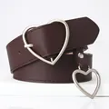 Women's dark brown leather belt featuring a silver heart buckle and heart-shaped pendant - Coffee