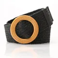 Women's black elastic woven belt featuring a large round light wood decorative buckle - Round Buckle / Black