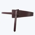 Elegant dark brown wide leather waist belt with white stitching and knot buckle - Coffee