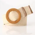 Women's woven elastic belt with beige straw-like texture and round wooden buckle - Round Buckle / Beige