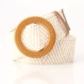 Women's beige and brown woven elastic belt with a large round straw-textured buckle - Round Buckle / Khaki White