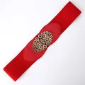 Red elastic wide belt for women with vintage gold hollow floral buckle and leather patch - Red