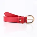 Women's minimalist thin red faux leather belt with a polished gold metal buckle - Red