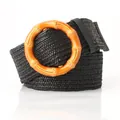 Women's black elastic woven belt with an orange-brown round bamboo-style buckle - Bamboo Style Ring / Black