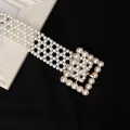 Elegant white pearl woven waist chain with a vintage gold square buckle for women - Square Buckle Style (8139)