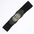 Women's black elastic wide waist belt with elegant hollow gold buckle for dresses - Black