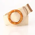 Women's cream white braided elastic belt featuring a round bamboo-texture buckle and leather tip - Bamboo Style Ring / Beige