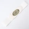 White wide elastic waist belt for women with vintage bronze hollow carved metal buckle - White