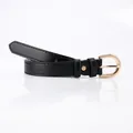 Women's minimalist black faux leather belt with a polished gold D-shaped pin buckle - Black