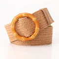 Women's woven khaki straw belt with a round bamboo-texture buckle in boho style - Bamboo Style Ring / Camel