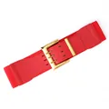 Red elastic wide belt for women with vintage golden pin buckle and textured leather front - Red