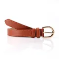 Women's brown PU leather belt with gold pin buckle and decorative yellow stitching detail - Camel