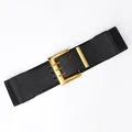 Black elastic wide waist belt for women with elegant gold pin buckle for coats - Black