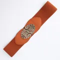 Women's wide elastic waist belt in caramel brown with vintage embossed metal buckle - Camel