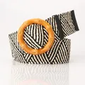 Women's black and white woven elastic belt with orange bamboo style round buckle - Bamboo Style Ring / Khaki Black