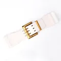 Women's wide elastic white waist belt with a large golden double pin buckle - White