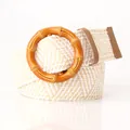 Women's woven elastic waist belt with round amber buckle and white textured straw pattern - Bamboo Style Ring / Khaki White